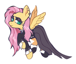 Size: 1333x1138 | Tagged: safe, artist:onionpwder, fluttershy, pegasus, pony, fake it 'til you make it, alternate hairstyle, clothes, dress, ear piercing, earring, eyeshadow, februpony, female, fluttergoth, fluttershy is not amused, flying, goth, hoof shoes, jewelry, long skirt, looking at you, makeup, mare, piercing, raised hoof, shirt, simple background, skirt, socks, solo, unamused, white background