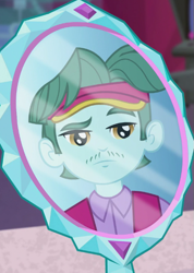 Size: 479x673 | Tagged: safe, screencap, brim marco, equestria girls, mirror magic, spoiler:eqg specials, background human, cap, cropped, hat, mirror, reflection, solo