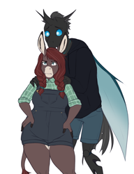 Size: 1958x2550 | Tagged: safe, artist:askbubblelee, kevin (changeling), oc, oc:maple, anthro, changeling, donkey, unguligrade anthro, anthro oc, canon x oc, clothes, digital art, donkey oc, female, male, overalls, protecting, simple background, straight