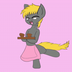 Size: 600x600 | Tagged: safe, artist:queen-razlad, oc, oc only, oc:trestle, earth pony, pony, animated, apron, bipedal, clothes, cute, eyes closed, food, frame by frame, gif, happy, muffin, naked apron, pink apron, smiling, solo, spin