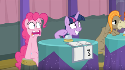 Size: 1600x900 | Tagged: safe, derpibooru import, screencap, cranky doodle donkey, pinkie pie, twilight sparkle, twilight sparkle (alicorn), alicorn, earth pony, pony, a trivial pursuit, agitated, curtains, nervous, sitting, table