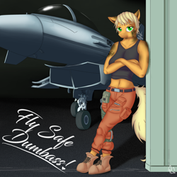 Size: 3000x3000 | Tagged: safe, artist:reactorguardian, applejack, anthro, earth pony, pony, ace combat, ace combat 7, art trade, avril mead, clothes, cosplay, costume, eurofighter typhoon, fatigues, female, fighter, hangar, implied shipping, mechanic, pinup, scrap queen, solo, splint, tanktop, tattoo, text