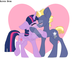 Size: 1024x798 | Tagged: safe, artist:sliverdusk95, derpibooru import, star tracker, twilight sparkle, twilight sparkle (alicorn), alicorn, blushing, cute, deviantart watermark, eyes closed, female, freckles, heart, heart background, kissing, leg fluff, male, obtrusive watermark, shipping, straight, trackerbetes, twiabetes, twitracker, watermark