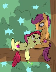 Size: 1280x1652 | Tagged: safe, artist:dinkyuniverse, apple bloom, scootaloo, earth pony, pegasus, pony, apple, apple core, comforting, couple, cutie mark, cutie mark crusaders, female, filly, foal, food, hanging out, head on lap, hearts and hooves day, lesbian, love, relaxing, scootabloom, scootalove, shipping, tree, tree branch