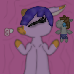 Size: 1000x1000 | Tagged: source needed, useless source url, safe, artist:ravepony134, smarty pants, oc, pony, baby, bed, female, floppy ears, lying on bed, next generation, oc needed, pacifier, plushie, sleeping, solo, unknown pony, wrong source