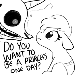 Size: 2250x2250 | Tagged: safe, artist:tjpones, part of a set, twilight sparkle, twilight sparkle (alicorn), alicorn, earth pony, pony, skeleton pony, bone, dialogue, eye contact, female, floppy ears, grayscale, looking at each other, magic, mare, monochrome, simple background, skeleton, this will end in therapy, white background
