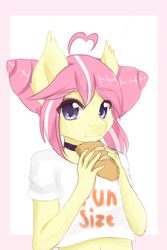 Size: 1200x1800 | Tagged: safe, artist:sukoi, derpibooru import, oc, oc only, oc:sunset sorbet, anthro, anthro oc, bread, clothes, eating, female, food, looking at you, shirt, solo