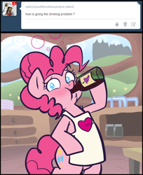 Size: 810x994 | Tagged: safe, artist:pippy, pinkie pie, pony, alcohol, apron, bipedal, bottle, clothes, pinkiepieskitchen, solo, wine