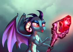 Size: 2000x1435 | Tagged: safe, artist:confetticakez, derpibooru import, princess ember, dragon, gauntlet of fire, female, redraw, simple background, solo, staff, wings