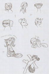 Size: 797x1211 | Tagged: safe, artist:ravenpuff, oc, oc only, oc:51, oc:claudia, oc:melusine, oc:puffy, oc:rowena, oc:skye gazer, oc:star shot, earth pony, pony, unicorn, :d, alternate hairstyle, balancing, bust, clothes, earth pony oc, eyes closed, female, freckles, frown, glasses, goggles, graph paper, horn, lineart, lined paper, mare, miniskirt, pigtails, plaid skirt, pleated skirt, sad, sigh, sitting, skirt, smiling, traditional art, unicorn oc