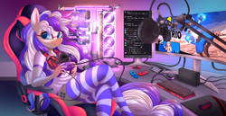 Size: 2333x1200 | Tagged: safe, artist:ask-colorsound, oc, oc only, oc:cinnabyte, anthro, adorkable, clothes, commission, computer, cute, dork, gaming headset, gaming pc, gaming room, headset, smash bros, smiling, socks, solo, stream setup, streamer, switch, thick