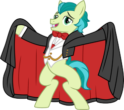 Size: 1123x1000 | Tagged: safe, artist:cloudyglow, derpibooru import, idw, sandbar, earth pony, pony, spoiler:comic, spoiler:comic71, clothes, costume, dracula, idw showified, male, simple background, smiling, solo, teenager, transparent background