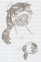 Size: 516x780 | Tagged: safe, artist:ravenpuff, oc, oc only, oc:harpoon, kelpie, bust, fangs, glasses, lined paper, male, mawshot, open mouth, sharp teeth, teeth, traditional art