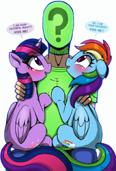 Size: 750x1105 | Tagged: safe, artist:tsudashie, rainbow dash, twilight sparkle, twilight sparkle (alicorn), oc, oc:anon, alicorn, human, pegasus, pony, unicorn, blushing, bronybait, clothes, dialogue, female, hoof on chest, looking up, male, mare, mask, open mouth, simple background, sitting on lap, sitting on person, smiling, speech bubble, sweat