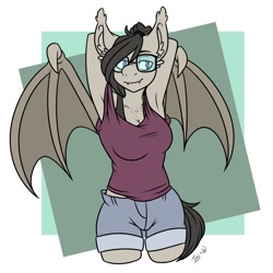 Size: 894x894 | Tagged: safe, artist:angel mutts, oc, oc:titty sprinkles, anthro, bat pony, anthro oc, arm behind head, armpits, bat pony oc, bat wings, breasts, clothes, female, freckles, glasses, simple background, solo, wings