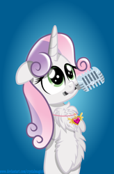 Size: 3000x4562 | Tagged: safe, artist:crystalmagic6, sweetie belle, pony, unicorn, blue background, chest fluff, cute, equestrian pink heart of courage, fluffy, green eyes, inkscape, microphone, mouth hold, older, older sweetie belle, puppy dog eyes, simple background, solo, vector