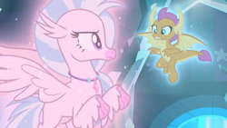 Size: 1280x720 | Tagged: safe, derpibooru import, screencap, silverstream, smolder, classical hippogriff, dragon, hippogriff, school raze, dragoness, element of laughter, element of loyalty, female, tail, wings