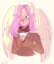 Size: 1584x1884 | Tagged: safe, artist:manella-art, fluttershy, human, clothes, female, humanized, solo, sweater, winged humanization, wings