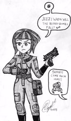 Size: 2460x4188 | Tagged: safe, artist:php71, sugarcoat, sunny flare, equestria girls, 10mm pistol, clothes, fallout, female, monochrome, pipboy, traditional art, vault suit