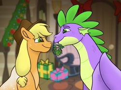 Size: 2516x1859 | Tagged: safe, artist:bellbell123, applejack, spike, dragon, earth pony, pony, applespike, christmas, christmas tree, coat markings, cute, dappled, female, holiday, looking at each other, male, mare, mistletoe, mouth hold, older, older spike, present, profile, shipping, straight, tree, winged spike