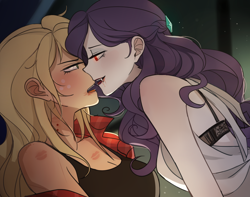 Size: 1900x1500 | Tagged: safe, artist:tcn1205, applejack, rarity, vampire, equestria girls, bite mark, drool, drool string, fangs, female, kiss mark, lesbian, lipstick, looking at each other, rarijack, red eyes, shipping