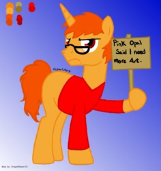 Size: 900x955 | Tagged: safe, artist:dragonchaser123, derpibooru import, oc, oc only, oc:thickwear glasses, pony, unicorn, blank flank, clothes, glasses, grumpy, male, picket sign, shirt, text