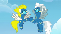 Size: 1920x1080 | Tagged: safe, screencap, silver lining, silver zoom, surprise, pegasus, pony, the last problem, clapping, clothes, cloud, female, flying, goggles, male, mare, out of context, spread wings, stallion, uniform, wings, wonderbolts, wonderbolts uniform