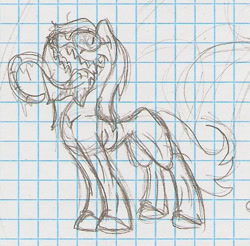 Size: 503x494 | Tagged: safe, artist:ravenpuff, oc, oc only, oc:tika, earth pony, pony, earth pony oc, female, graph paper, lineart, lined paper, mare, open mouth, prehensile tongue, sharp teeth, solo, starving, teeth, traditional art