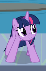 Size: 361x558 | Tagged: safe, screencap, twilight sparkle, twilight sparkle (alicorn), alicorn, school daze, cropped, crouching, cute, smiling, solo, twiabetes