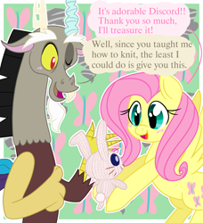 Size: 2100x2300 | Tagged: safe, artist:jagga-chan, discord, fluttershy, pegasus, pony, rabbit, animal, knitting