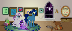 Size: 1000x434 | Tagged: safe, artist:ultraspacemobile, derpibooru import, night light, smarty pants, twilight sparkle, twilight velvet, pony, 2011, banner, broken glass, broken window, christmas, equestria daily, holiday, present, toy, window, younger