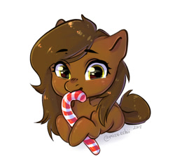 Size: 1013x972 | Tagged: safe, artist:errorren, artist:mizu_chan, derpibooru import, oc, oc only, oc:doctor hearts, earth pony, pony, candy, candy cane, cute, digital art, female, food, mare, prone, signature, simple background, sitting, solo, white background, ych result