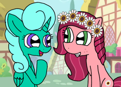 Size: 520x376 | Tagged: safe, artist:徐詩珮, derpibooru import, glitter drops, gloriosa daisy, alicorn, earth pony, pony, equestria girls, my little pony: the movie, equestria girls ponified, female, floral head wreath, flower, glittercorn, glitterosa, lesbian, ponified, ponyville, shipping