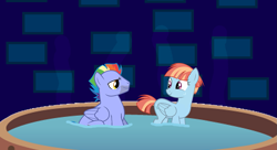 Size: 1337x728 | Tagged: safe, artist:dashiesparkle, artist:electrochoc, artist:zigrock, edit, bow hothoof, windy whistles, accessory-less edit, female, hot tub, husband and wife, looking at each other, male, missing accessory, shipping, smiling, steam, straight, tub, vector, vector edit, windyhoof