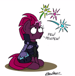 Size: 3991x4054 | Tagged: safe, artist:bobthedalek, derpibooru import, fizzlepop berrytwist, tempest shadow, pony, unicorn, broken horn, cute, eye scar, female, fireworks, fizzlepop's fireworks, horn, magic, mare, onomatopoeia, pew pew, pew pew pew, scar, signature, simple background, sitting, solo, tempestbetes, white background