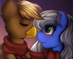 Size: 1500x1232 | Tagged: safe, artist:deraniel, derpibooru import, oc, oc only, griffon, pony, blushing, clothes, digital art, eyes closed, female, gradient background, looking at each other, male, mare, oc x oc, scarf, shipping, signature, snow, straight, ych result