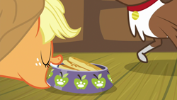 Size: 1280x720 | Tagged: safe, derpibooru import, screencap, applejack, winona, dog, earth pony, pony, going to seed, female, food, food bowl, mare, pancakes, paw prints