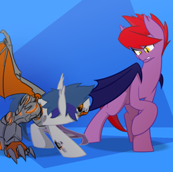 Size: 816x814 | Tagged: safe, artist:flylash6009, oc, oc:flylash, oc:nightflower, bat pony, pony, robot, bat pony oc, fangs, implied robot