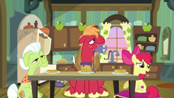 Size: 1920x1080 | Tagged: safe, screencap, apple bloom, big macintosh, granny smith, going to seed, food, pancakes