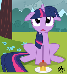 Size: 5400x6000 | Tagged: safe, artist:tbcroco, twilight sparkle, unicorn twilight, pony, unicorn, 2012, cloud, cloudy, cupcake, female, floppy ears, flower, food, frown, grass, mare, open mouth, sitting, solo, tree, watermark