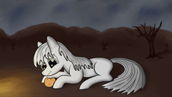 Size: 4128x2322 | Tagged: safe, artist:pwnys-n-stuff, oc, oc only, oc:boo, pony, fallout equestria, fallout equestria: project horizons, blank flank, cookie, fanfic art, female, food, mare, solo