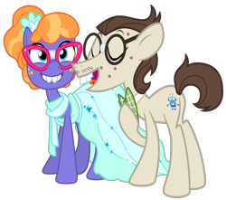 Size: 2534x2238 | Tagged: safe, artist:cheezedoodle96, artist:fercho262, frazzle rock, gizmo, earth pony, pony, canterlot boutique, .svg available, acne, bowtie, bucktooth, clothes, dress, eyes closed, facial hair, female, gizzle, glasses, hoof on chest, male, moustache, shipping, simple background, smiling, stallion, straight, svg, transparent background, vector