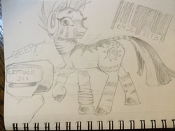 Size: 666x500 | Tagged: source needed, safe, anonymous artist, zecora, pony, zebra, /mlp/, barcode, female, mare, monochrome, raised hoof, solo, traditional art