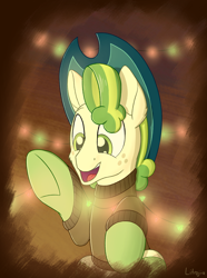 Size: 1850x2480 | Tagged: safe, artist:litrojia, pistachio, earth pony, pony, best gift ever, abstract background, christmas, clothes, hat, hearth's warming, holiday, led, lights, male, open mouth, raised hoof, raised leg, sitting, smiling, socks, solo, stallion, sweater