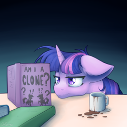 Size: 2000x2000 | Tagged: safe, artist:ohemo, twilight sparkle, twilight sparkle (alicorn), alicorn, pony, atg 2019, bags under eyes, book, coffee, female, floppy ears, mare, messy mane, newbie artist training grounds, reading, solo, tired