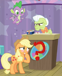 Size: 626x768 | Tagged: safe, derpibooru import, edit, edited screencap, screencap, applejack, granny smith, spike, dragon, earth pony, pony, a trivial pursuit, blushing, card, cropped, cute, disappointed, embarrassed, granny smith is not amused, jackabetes, podium, question mark, stare, unamused, winged spike