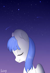 Size: 2040x2944 | Tagged: safe, artist:bestiary, derpibooru import, oc, oc only, oc:snow pup, pegasus, pony, blue hair, blue mane, digital art, eyes closed, female, gradient background, high res, mare, night, signature, solo, ych result