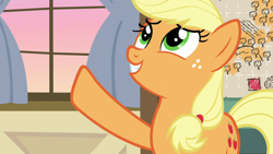 Size: 1920x1080 | Tagged: safe, derpibooru import, screencap, applejack, earth pony, pony, going to seed, female, freckles, mare, raised hoof, solo