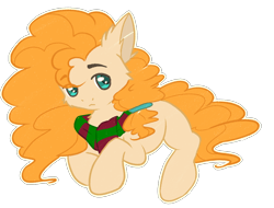 Size: 1300x988 | Tagged: safe, artist:urpone, derpibooru import, pear butter, pony, aquamarine eyes, clothes, female, green eyes, looking up, lying down, mare, missing cutie mark, orange mane, scarf, solo