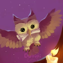 Size: 2000x2000 | Tagged: safe, artist:duvivi, derpibooru import, owlowiscious, candle, mouth hold, scroll, signature, solo, spread wings, wings